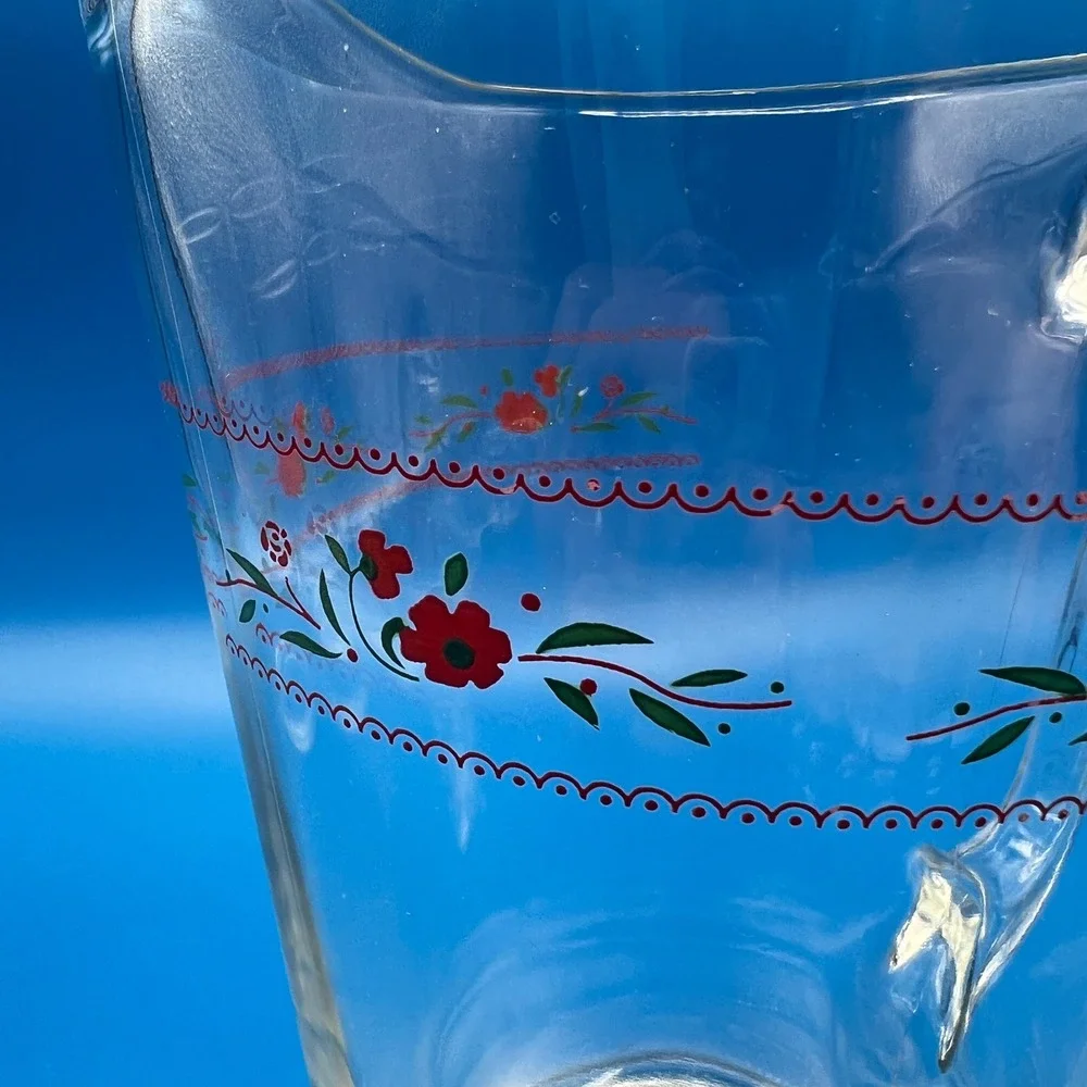 Vintage Glass Pitcher and 5 Tumbler Set Red Floral Vine Scallop Clear 6pc Set